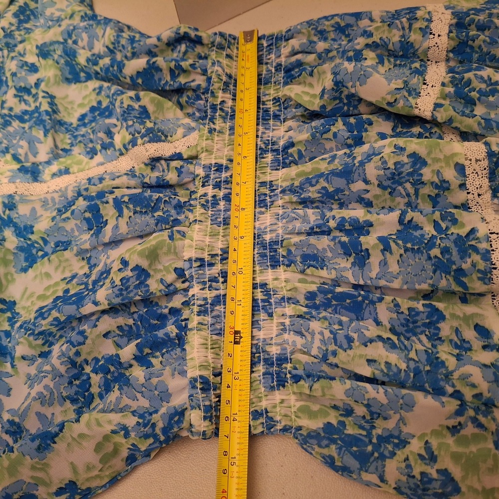 TAYLOR Women's Floral‎ Dress Blue Green Short Sleeve Smocked Waist Tiered Sz 16 - Picture 11 of 12